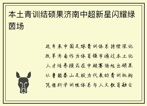 本土青训结硕果济南中超新星闪耀绿茵场