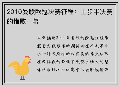 2010曼联欧冠决赛征程：止步半决赛的惜败一幕