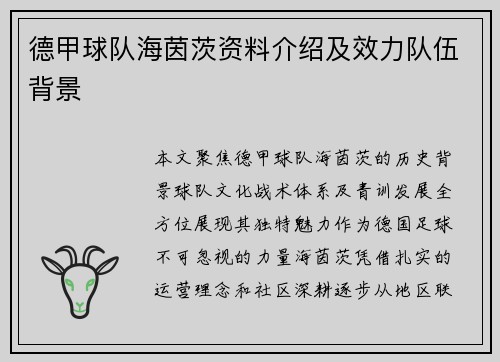 德甲球队海茵茨资料介绍及效力队伍背景