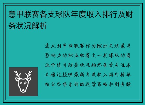 意甲联赛各支球队年度收入排行及财务状况解析